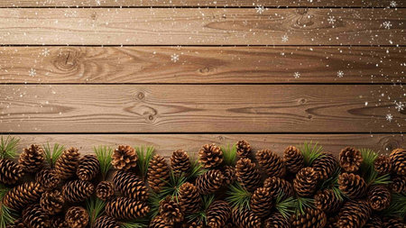 Christmas background with fir tree branches and snowflakes on wooden board
