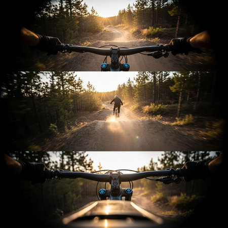 Collage of photos of a man riding a mountain bike in the forest
