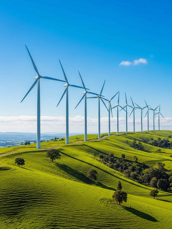 Wind turbines on a hillside in California, USA. Windmill for electric power productionの写真素材