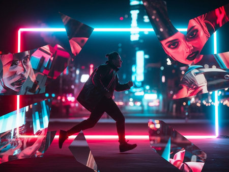 Young african american man running in night club with neon lights