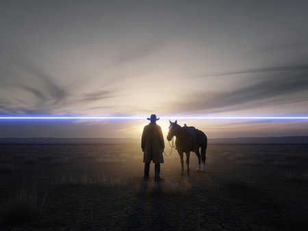 Man with a horse in the desert at sunset. 3d renderの写真素材