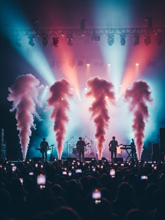 Crowd of people at concert with smoke coming out of the stageの写真素材