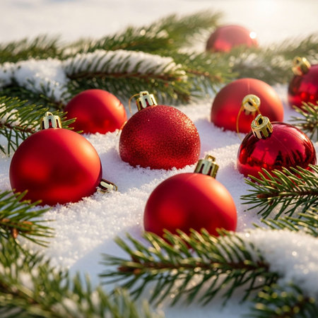Red christmas balls on snow and fir branches. Christmas background.の写真素材