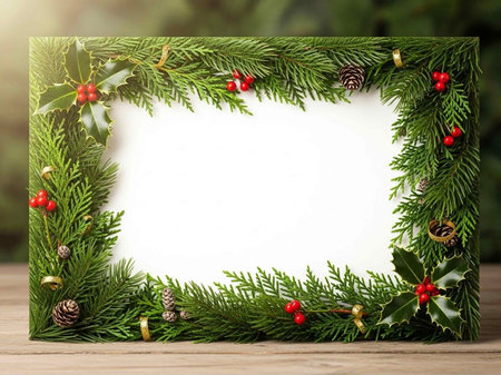 Christmas frame with holly leaves and pine cones on wooden table.