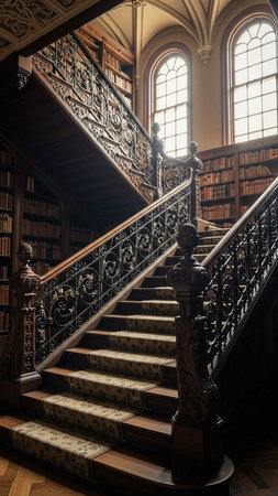 Interior of a beautiful old building with wooden stairs and a bookcaseの写真素材