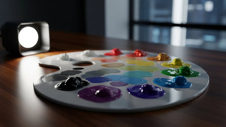 Colorful watercolor palette on wooden table in office. 3d rendering