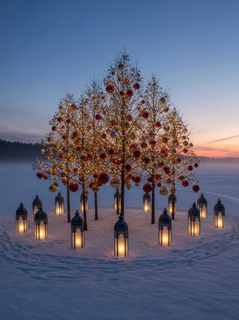 Beautiful christmas tree in the snow with lanterns at sunsetの写真素材