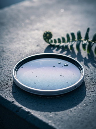 A drop of water on a stone surface with a plant in the backgroundの写真素材