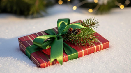 Christmas gift box with fir branch on snow with bokeh backgroundの写真素材