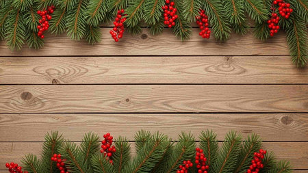 Christmas background with fir tree branches and rowan berries on wooden board