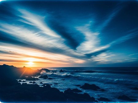 Beautiful seascape at sunset. Dramatic sky. Nature composition.