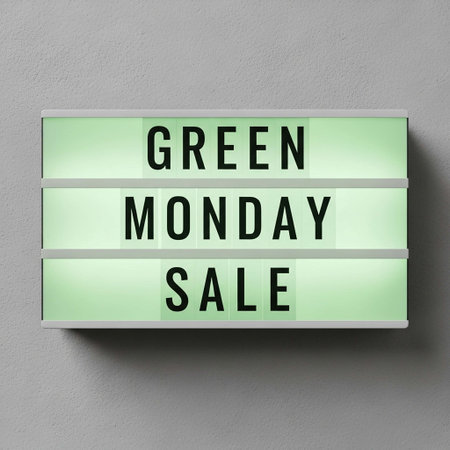 Green lightbox on gray wall with text Green Monday Sale, 3D renderingの写真素材