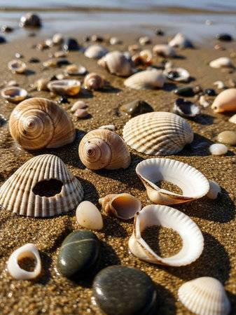 Seashells on a sandy beach. Selective focus.の写真素材