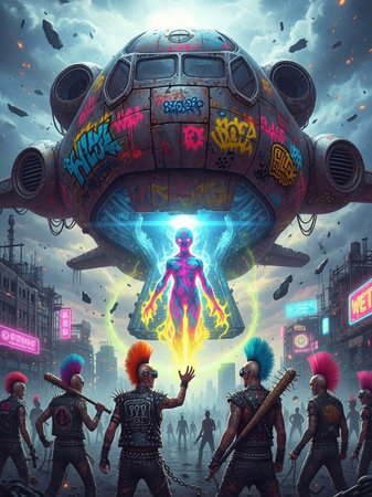 Space aliens in the background of the city. 3D rendering.