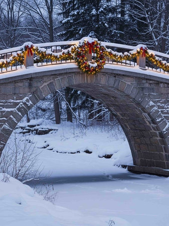 Winter bridge decorated with christmas lights in the park. Russia, Moscow