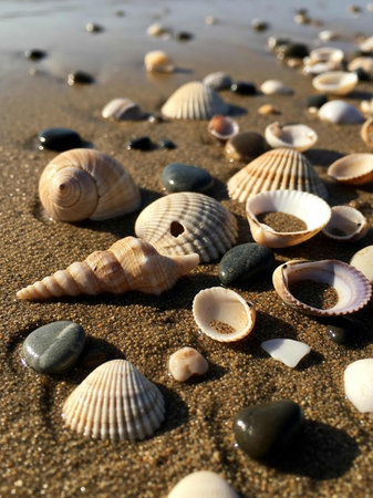 Seashells on the beach, closeup of photo.