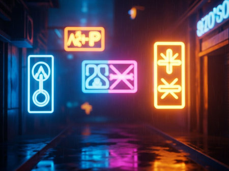 Neon light signs on the street at night. Conceptual imageの写真素材