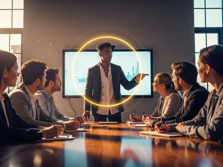 african american businessman giving presentation to colleagues in boardroom at officeの写真素材