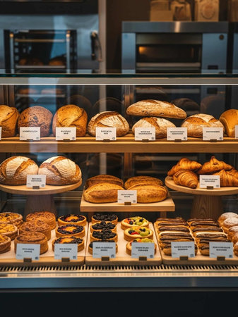 Bakery shop window with bread, croissants and bunsの写真素材