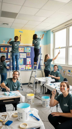 Group of students painting a room in a high school or college.