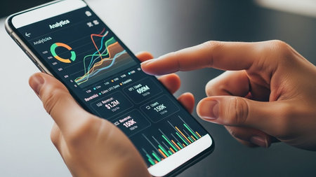 Close-up of female hands holding smartphone with stock market graphs on screen