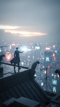 Silhouette of a man with a tablet on top of a building in a foggy city