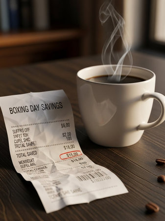 Coffee cup and receipt on a wooden table, close upの写真素材