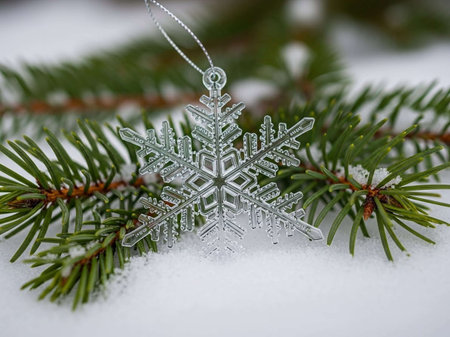 Snowflake on a spruce branch in the snow. Christmas cardの写真素材
