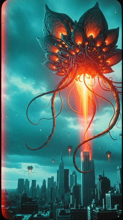 Illustration of an alien planet with a cityscape in the background