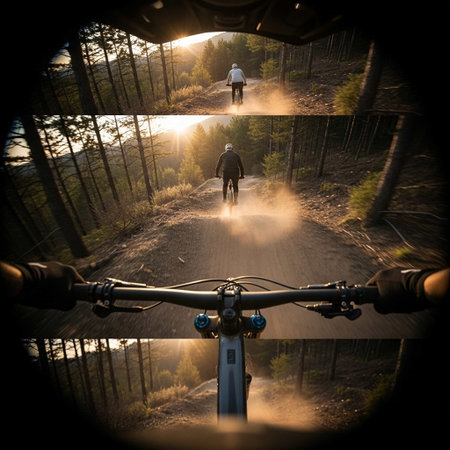 Rear view of a cyclist riding a mountain bike through the forest