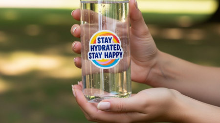 Woman holding a glass of water with STAY AT HOME Stay Safe