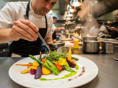 Chef decorating vegetable salad with fork and knife in restaurant kitchen