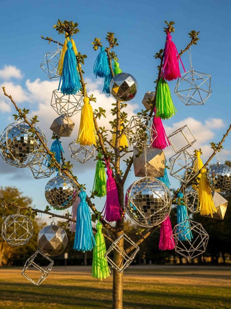 Decorated tree in the park with balls and ribbons