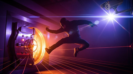 Man jumping in front of vault door. Security and safety concept.の写真素材