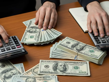 Hands counting money on table with calculator and notebook. Business concept