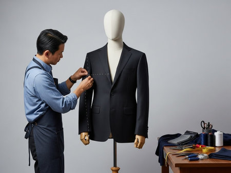 Fashion designer working at studio. Fashion model wearing suit.
