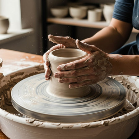 hands of a potter, creating an earthen jar on the circle
