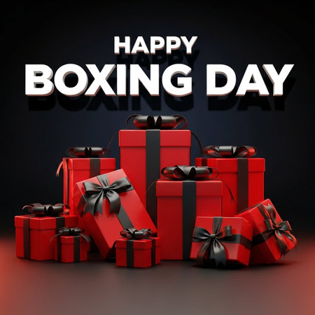 Boxing day. Red gift boxes with black ribbon. 3D illustration