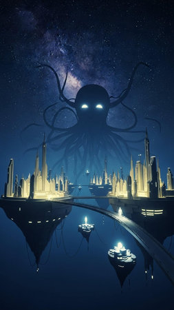 Fantasy alien in the night city. 3D illustration. Elements of this image furnished by NASAの写真素材