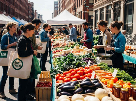 People buying vegetables at farmers market.の写真素材