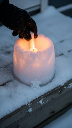 A man's hand holds a burning candle in the snow, close-up