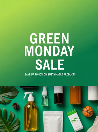 Banner Green Monday Sale with cosmetic products and leaves on green backgroundの写真素材