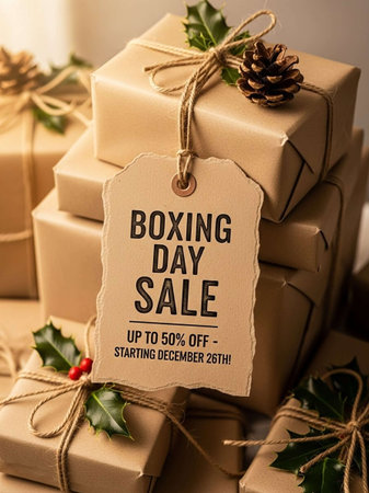 Boxing day sale concept. Christmas gift boxes and holly leaves.