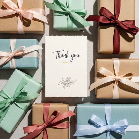 Gift boxes with ribbons and thank you card on white backgroundの写真素材