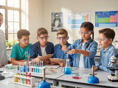 Group of kids doing science experiments in laboratory. Group of children doing experiments in...