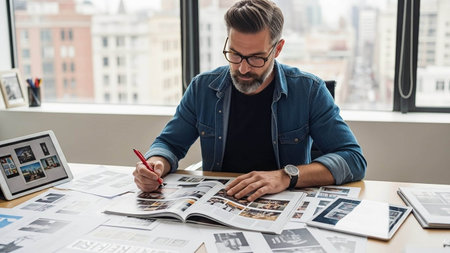 Serious mature man in glasses sitting at his desk and analyzing documentsの写真素材