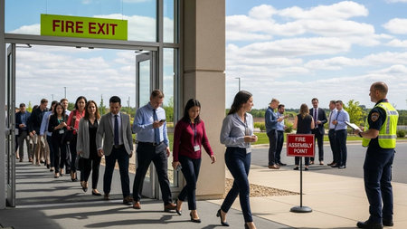People at the entrance to the modern office buildingの写真素材