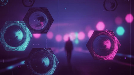 Futuristic background with neon lights and silhouette of a man. 3D Rendering