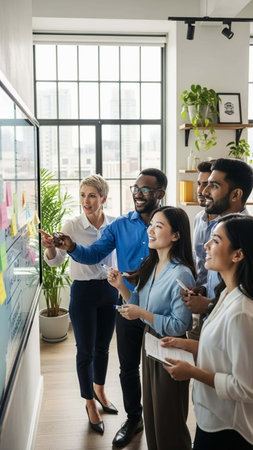 Multiethnic group of business people working and communicating together in office