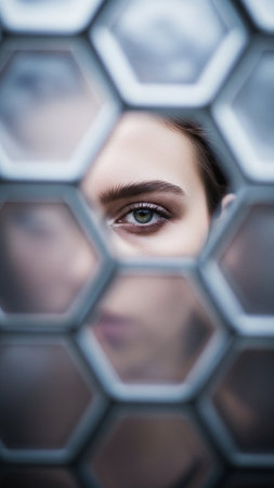 Close up portrait of beautiful young woman looking through the hexagonal window.